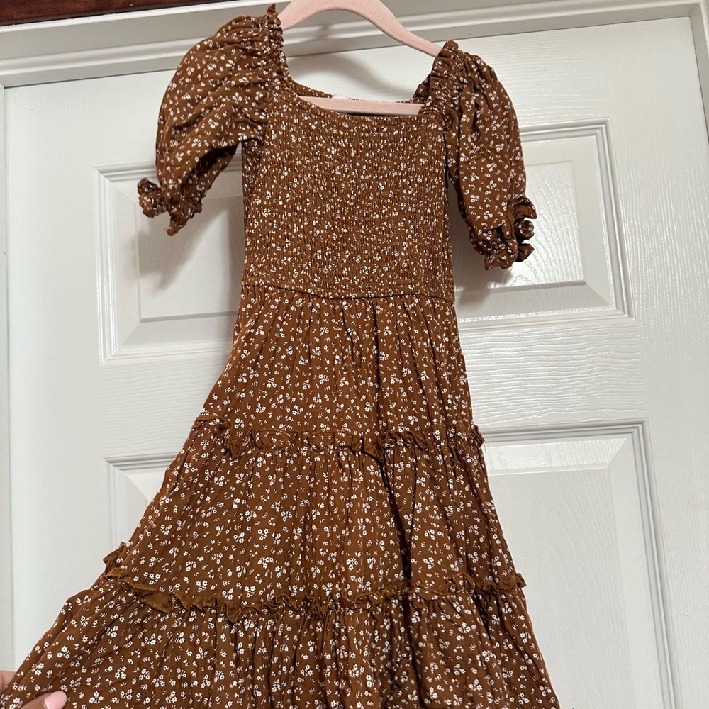 Ivy City Co mini Madeline Brown Floral Puff-Sleeve Tiered Dress